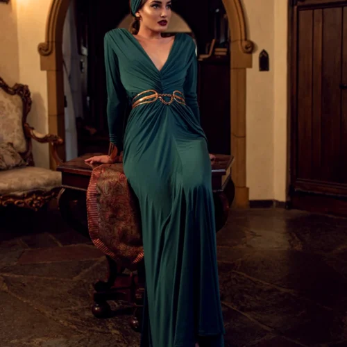Art Deco Ruched Gown In Green