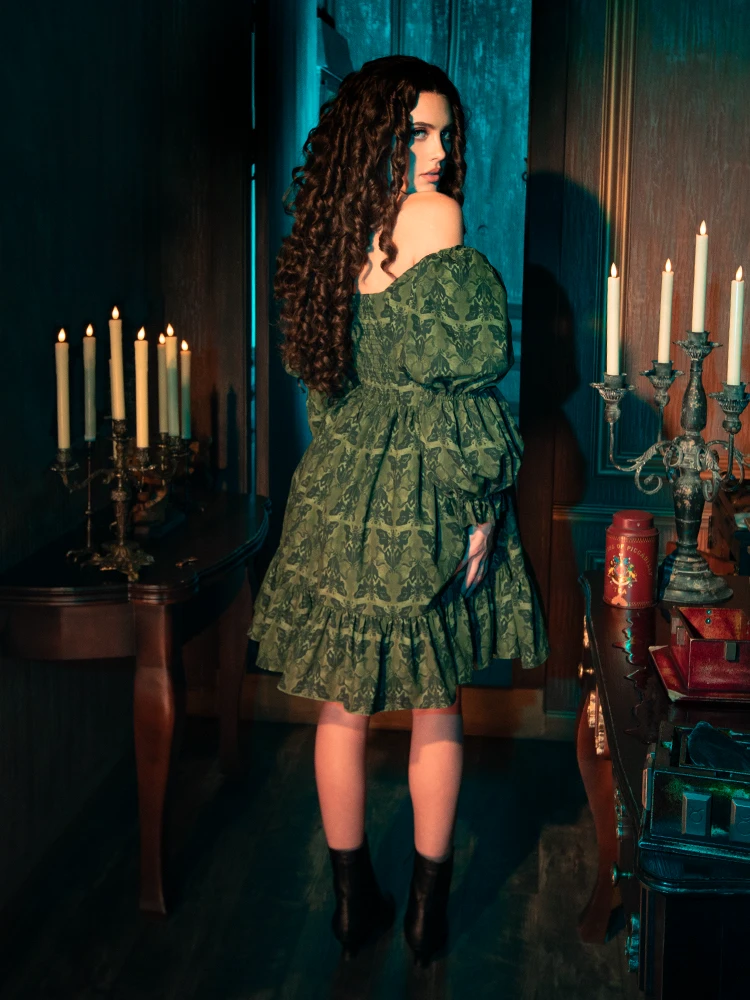 CRIMSON PEAK™ Allerdale Moth Wallpaper Babydoll Dress In Olive 14 CRIMSON PEAK™ Allerdale Moth Wallpaper Babydoll Dress In Olive - Image 12