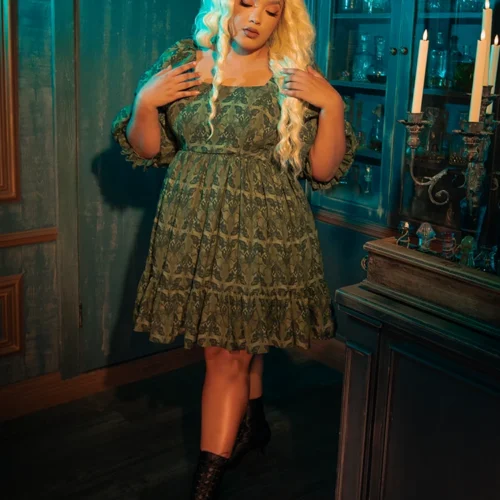 CRIMSON PEAK™ Allerdale Moth Wallpaper Babydoll Dress In Olive 16 CRIMSON PEAK™ Allerdale Moth Wallpaper Babydoll Dress In Olive -Elegant Ladies Wear Allerdale Babydoll Dress 10