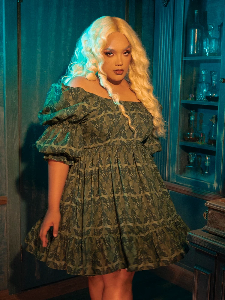 CRIMSON PEAK™ Allerdale Moth Wallpaper Babydoll Dress In Olive 3 CRIMSON PEAK™ Allerdale Moth Wallpaper Babydoll Dress In Olive