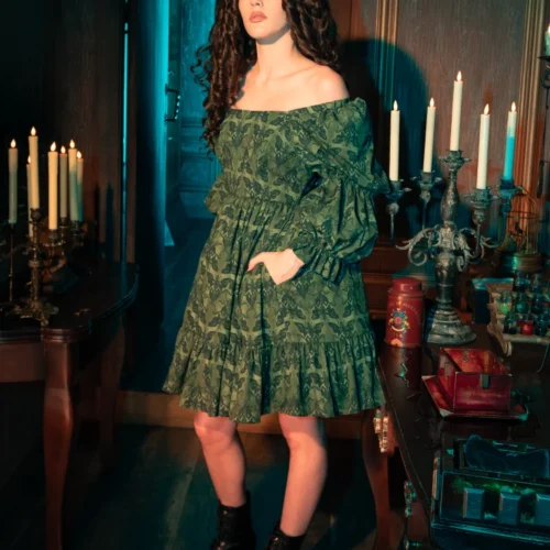 CRIMSON PEAK™ Allerdale Moth Wallpaper Babydoll Dress In Olive 22 CRIMSON PEAK™ Allerdale Moth Wallpaper Babydoll Dress In Olive -Elegant Ladies Wear Allerdale Babydoll Dress 2