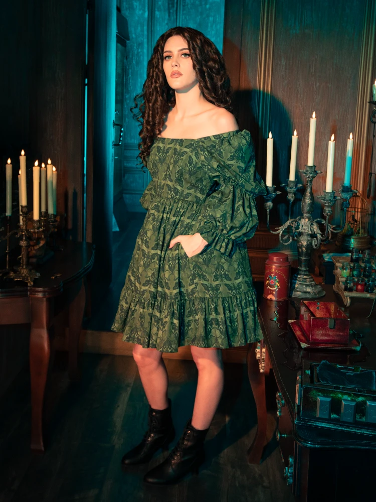 CRIMSON PEAK™ Allerdale Moth Wallpaper Babydoll Dress In Olive 11 CRIMSON PEAK™ Allerdale Moth Wallpaper Babydoll Dress In Olive - Image 9