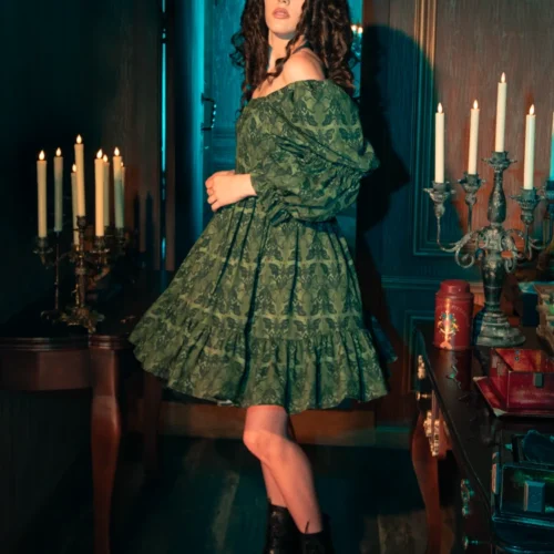 CRIMSON PEAK™ Allerdale Moth Wallpaper Babydoll Dress In Olive 24 CRIMSON PEAK™ Allerdale Moth Wallpaper Babydoll Dress In Olive -Elegant Ladies Wear Allerdale Babydoll Dress 3