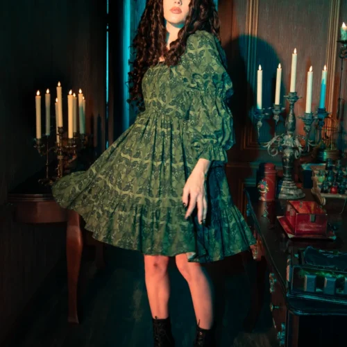 CRIMSON PEAK™ Allerdale Moth Wallpaper Babydoll Dress In Olive 21 CRIMSON PEAK™ Allerdale Moth Wallpaper Babydoll Dress In Olive -Elegant Ladies Wear Allerdale Babydoll Dress 4