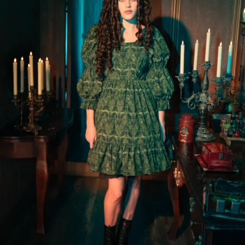 CRIMSON PEAK™ Allerdale Moth Wallpaper Babydoll Dress In Olive 23 CRIMSON PEAK™ Allerdale Moth Wallpaper Babydoll Dress In Olive -Elegant Ladies Wear Allerdale Babydoll Dress 5