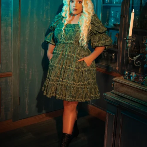 CRIMSON PEAK™ Allerdale Moth Wallpaper Babydoll Dress In Olive 19 CRIMSON PEAK™ Allerdale Moth Wallpaper Babydoll Dress In Olive -Elegant Ladies Wear Allerdale Babydoll Dress 8