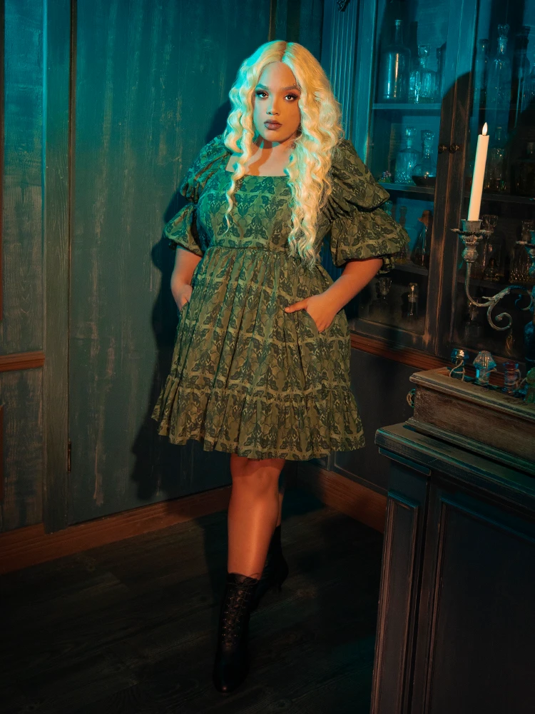 CRIMSON PEAK™ Allerdale Moth Wallpaper Babydoll Dress In Olive 8 CRIMSON PEAK™ Allerdale Moth Wallpaper Babydoll Dress In Olive - Image 6