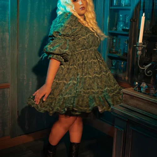 CRIMSON PEAK™ Allerdale Moth Wallpaper Babydoll Dress In Olive 17 CRIMSON PEAK™ Allerdale Moth Wallpaper Babydoll Dress In Olive -Elegant Ladies Wear Allerdale Babydoll Dress 9