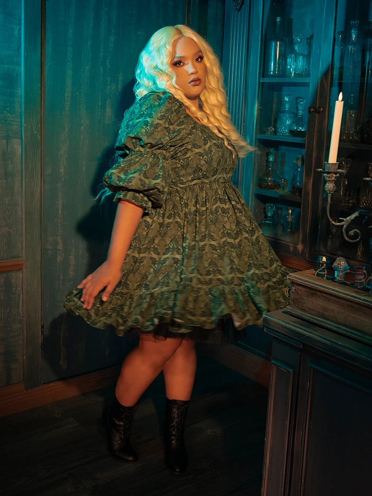 CRIMSON PEAK™ Allerdale Moth Wallpaper Babydoll Dress In Olive 6 CRIMSON PEAK™ Allerdale Moth Wallpaper Babydoll Dress In Olive - Image 4