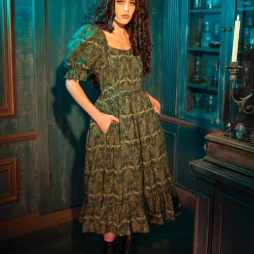 CRIMSON PEAK™ Allerdale Moth Wallpaper Midi Dress In Olive -Elegant Ladies Wear Allerdale Midi Dress 11