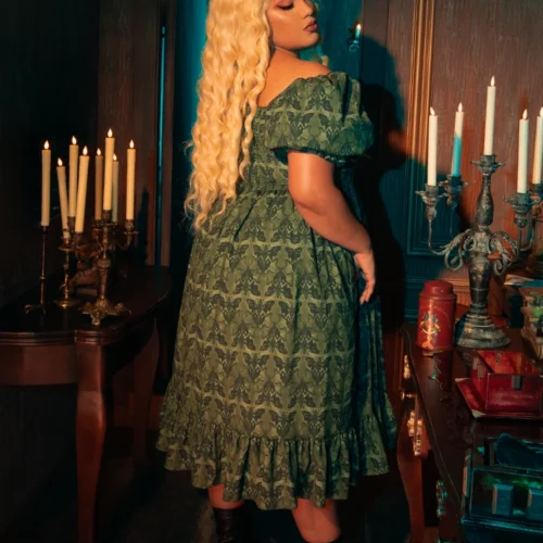 CRIMSON PEAK™ Allerdale Moth Wallpaper Midi Dress In Olive -Elegant Ladies Wear Allerdale Midi Dress 13