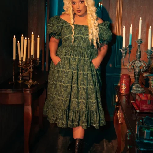 CRIMSON PEAK™ Allerdale Moth Wallpaper Midi Dress In Olive -Elegant Ladies Wear Allerdale Midi Dress 2