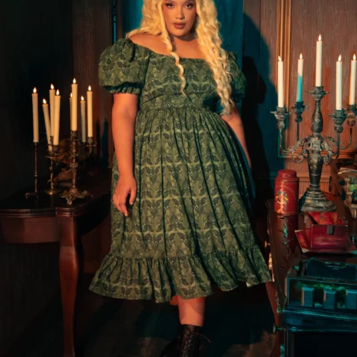 CRIMSON PEAK™ Allerdale Moth Wallpaper Midi Dress In Olive -Elegant Ladies Wear Allerdale Midi Dress 3