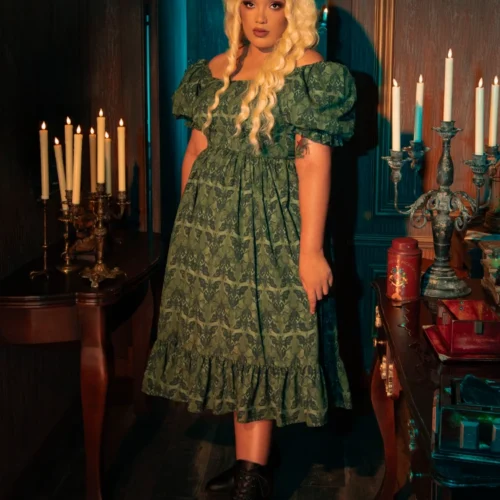 CRIMSON PEAK™ Allerdale Moth Wallpaper Midi Dress In Olive -Elegant Ladies Wear Allerdale Midi Dress 4