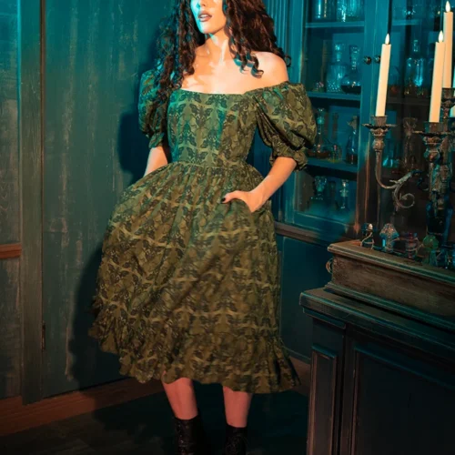 CRIMSON PEAK™ Allerdale Moth Wallpaper Midi Dress In Olive -Elegant Ladies Wear Allerdale Midi Dress 6