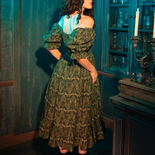 CRIMSON PEAK™ Allerdale Moth Wallpaper Midi Dress In Olive -Elegant Ladies Wear Allerdale Midi Dress 7