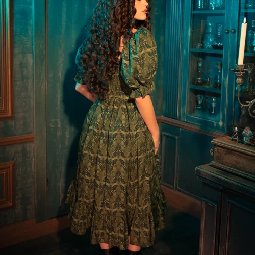 CRIMSON PEAK™ Allerdale Moth Wallpaper Midi Dress In Olive -Elegant Ladies Wear Allerdale Midi Dress 8