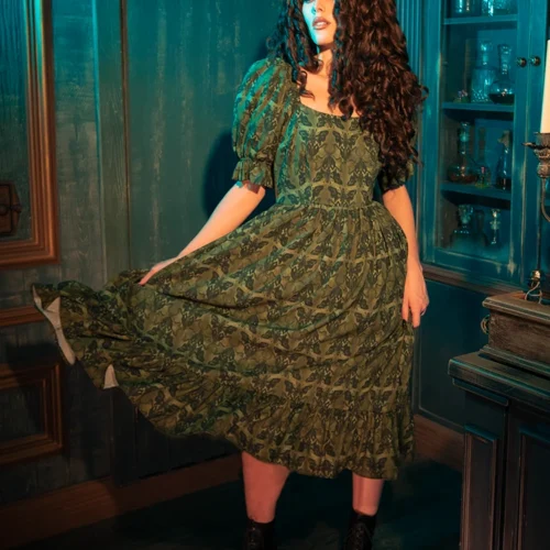 CRIMSON PEAK™ Allerdale Moth Wallpaper Midi Dress In Olive -Elegant Ladies Wear Allerdale Midi Dress 9