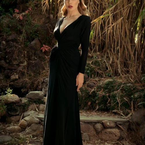 Art Deco Ruched Gown In Black