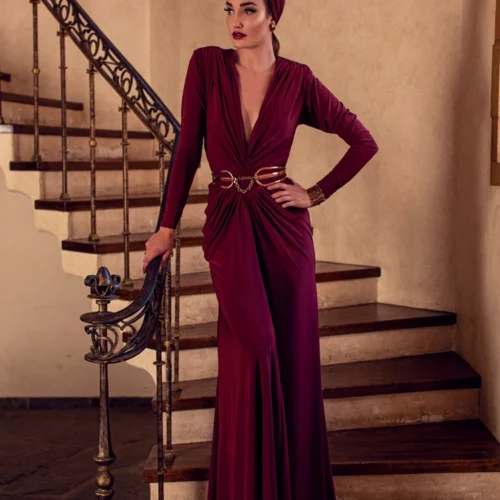 Art Deco Ruched Gown In Crimson -Elegant Ladies Wear Art Deco Crimson 4