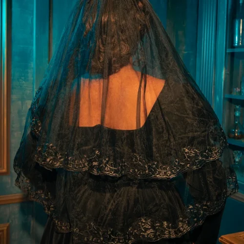Black Veil With Embroidered Lace Trim -Elegant Ladies Wear Black Veil Embroidered Lace 2