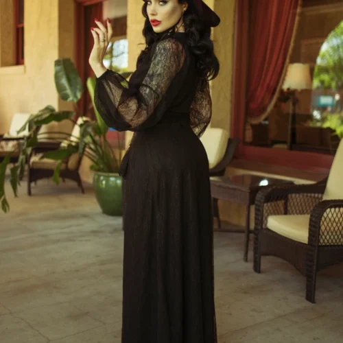 Black Widow Wrap Gown In Black Lace -Elegant Ladies Wear Black Widow Lace Dress 2
