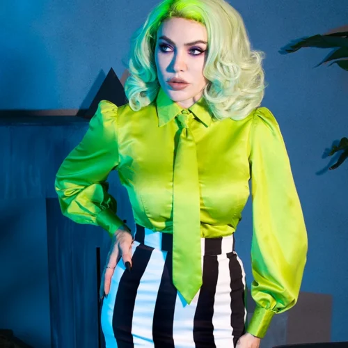 Bowie Blouse W/Matching Tie In Lime Charmeuse -Elegant Ladies Wear Bowie Top Green 3