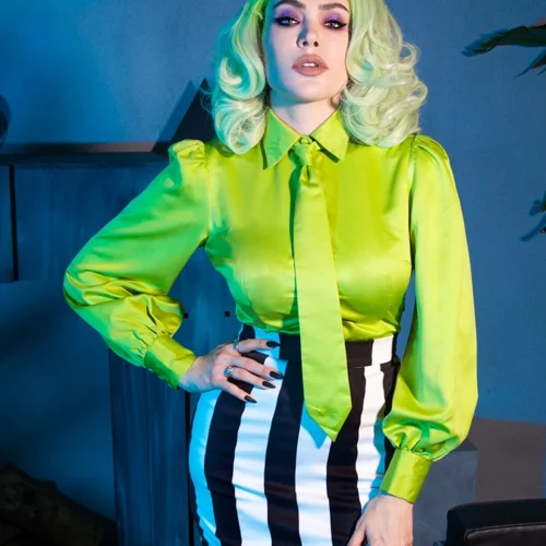 Bowie Blouse W/Matching Tie In Lime Charmeuse -Elegant Ladies Wear Bowie Top Green 5