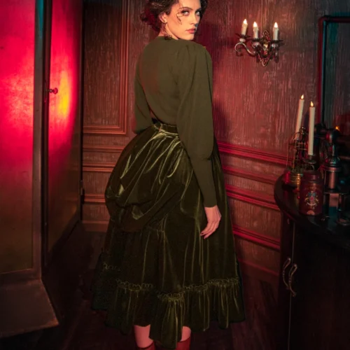 FINAL SALE - Victorian Velvet Bustle Skirt In Olive -Elegant Ladies Wear Bustle Skirt Olive 1