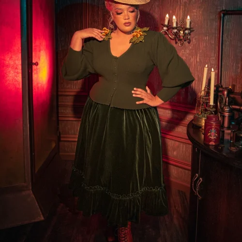 FINAL SALE - Victorian Velvet Bustle Skirt In Olive -Elegant Ladies Wear Bustle Skirt Olive 10