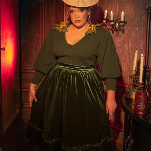 FINAL SALE - Victorian Velvet Bustle Skirt In Olive