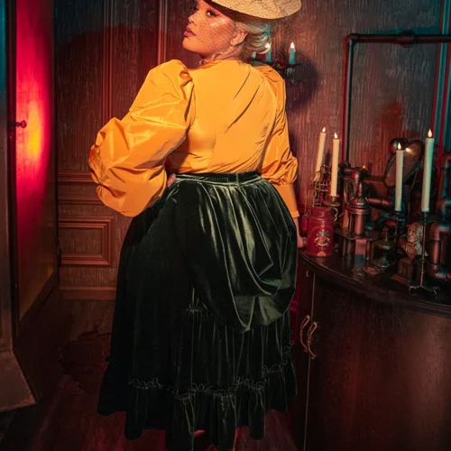 FINAL SALE - Victorian Velvet Bustle Skirt In Olive -Elegant Ladies Wear Bustle Skirt Olive 1 ece13d52 3a24 4611 a82e 95f449888dae