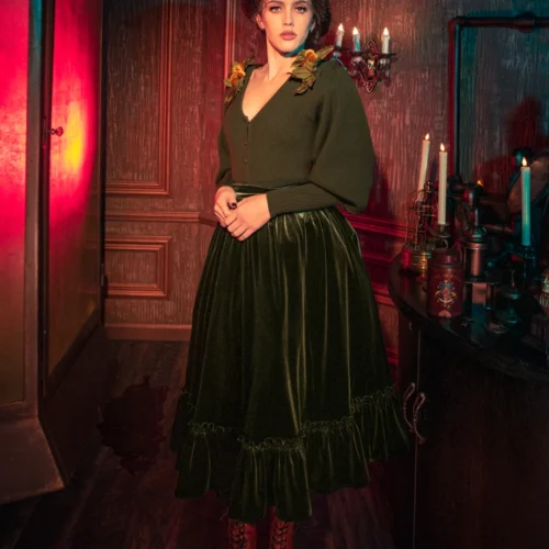 FINAL SALE - Victorian Velvet Bustle Skirt In Olive -Elegant Ladies Wear Bustle Skirt Olive 3