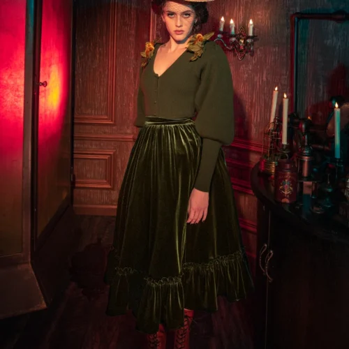 FINAL SALE - Victorian Velvet Bustle Skirt In Olive -Elegant Ladies Wear Bustle Skirt Olive 4