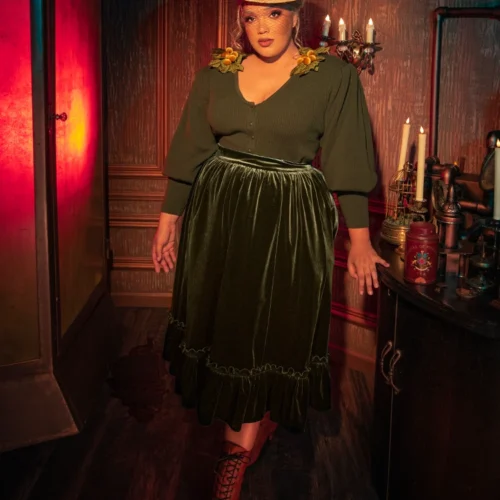 FINAL SALE - Victorian Velvet Bustle Skirt In Olive -Elegant Ladies Wear Bustle Skirt Olive 5