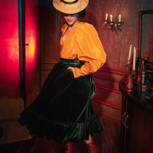 FINAL SALE - Victorian Velvet Bustle Skirt In Olive -Elegant Ladies Wear Bustle Skirt Olive 6