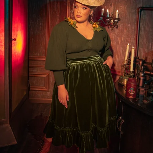 FINAL SALE - Victorian Velvet Bustle Skirt In Olive -Elegant Ladies Wear Bustle Skirt Olive 7