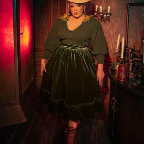 FINAL SALE - Victorian Velvet Bustle Skirt In Olive -Elegant Ladies Wear Bustle Skirt Olive 8