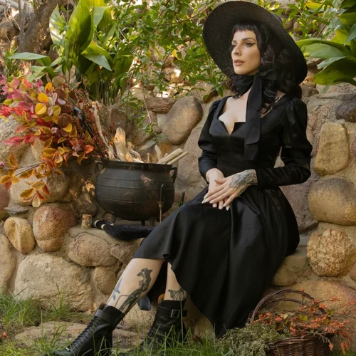 Cottage Witch Dress In Japanese Black Satin -Elegant Ladies Wear Cottage Witch Dress 1