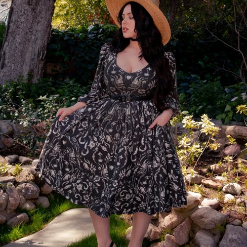 Dark Forest Dress In Cottage Witch Toile Print -Elegant Ladies Wear Cottage Witch Dress 10