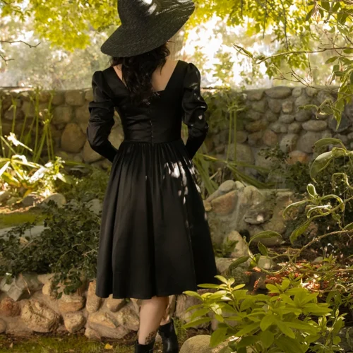 Cottage Witch Dress In Japanese Black Satin -Elegant Ladies Wear Cottage Witch Dress 16
