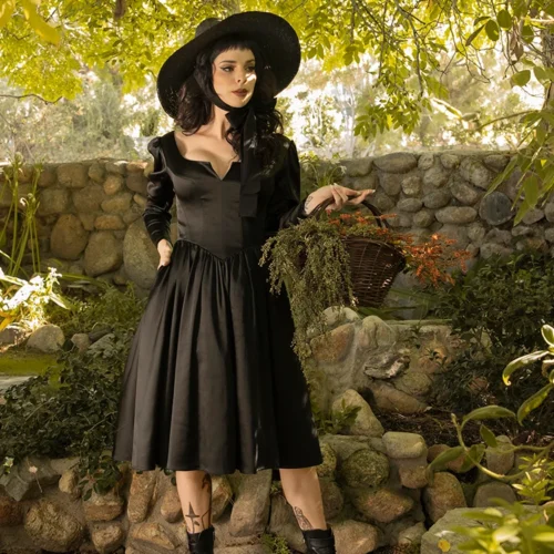 Cottage Witch Dress In Japanese Black Satin -Elegant Ladies Wear Cottage Witch Dress 17