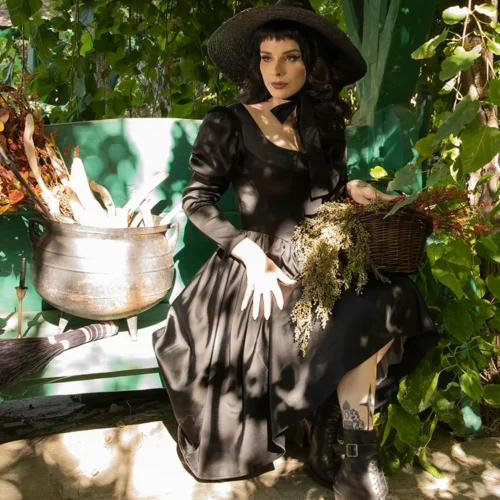 Cottage Witch Dress In Japanese Black Satin -Elegant Ladies Wear Cottage Witch Dress 22