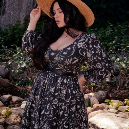 Dark Forest Dress In Cottage Witch Toile Print -Elegant Ladies Wear Cottage Witch Dress 5