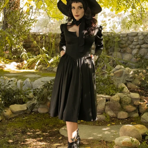 Cottage Witch Dress In Japanese Black Satin -Elegant Ladies Wear Cottage Witch Dress 7