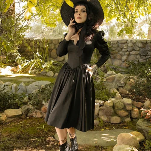 Cottage Witch Dress In Japanese Black Satin -Elegant Ladies Wear Cottage Witch Dress 9