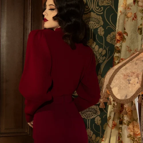 Victorian Cycling Pullover Sweater In Crimson -Elegant Ladies Wear Crimson Bicylce Sweater 9