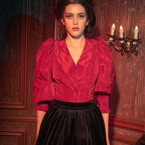 FINAL SALE - Taffeta Edwardian Blouse In Crimson Red -Elegant Ladies Wear Crimson Tafetta Top 10