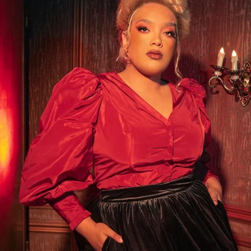 FINAL SALE - Taffeta Edwardian Blouse In Crimson Red -Elegant Ladies Wear Crimson Tafetta Top 3