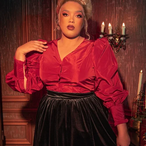 FINAL SALE - Taffeta Edwardian Blouse In Crimson Red -Elegant Ladies Wear Crimson Tafetta Top 4